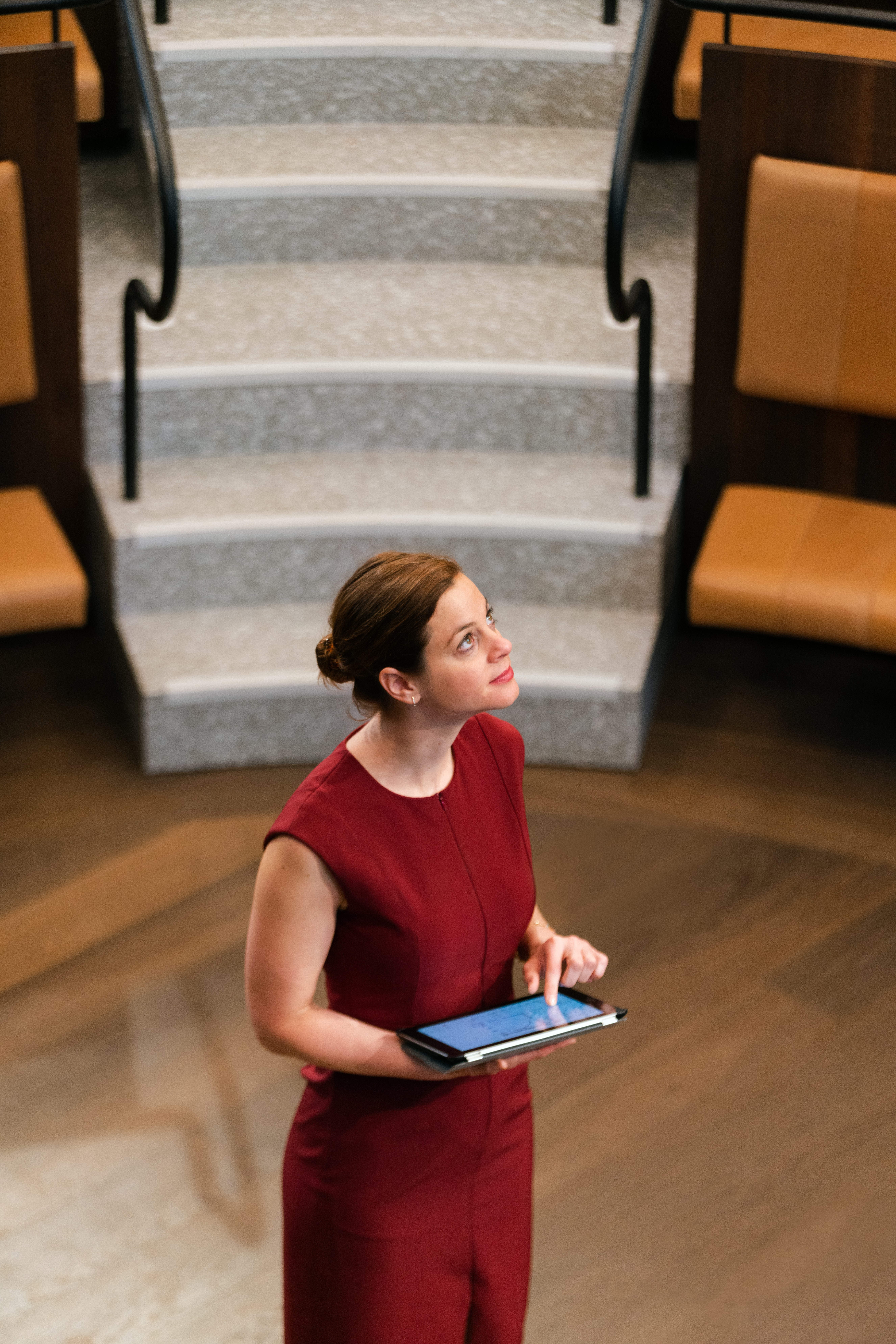 The section that states, “Business Protopia.”  The image is a young woman in a sleeveless red conservative red business type dress holding a computer tablet, and she is in the middle of what appears to be a small university lecture hall with steps rising 4 meters behind her head with medium brown hardwood flooring brown leather padded seats. She appears to be looking up at the words “Customer Protopia.” 